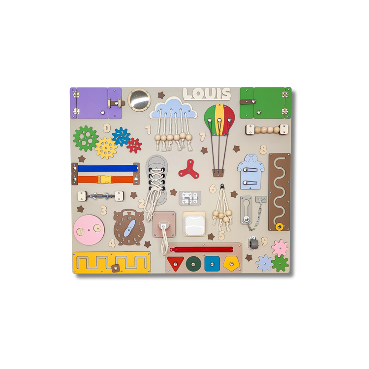 Toddler busy board with various educational elements on a beige background