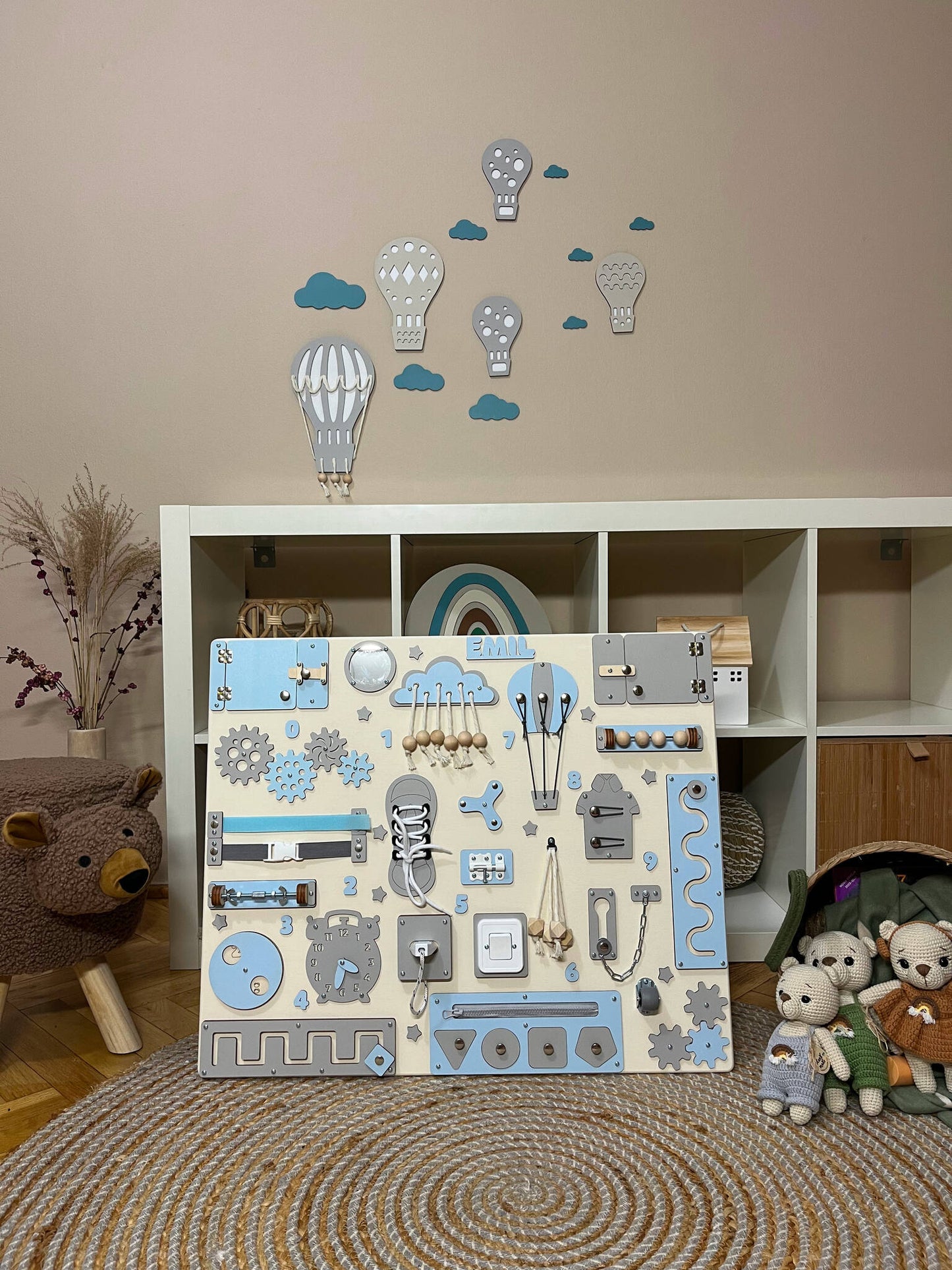 Creamy/blue/grey Large busy board for toddlers 70x60 cm (27,5x23,6 inch)