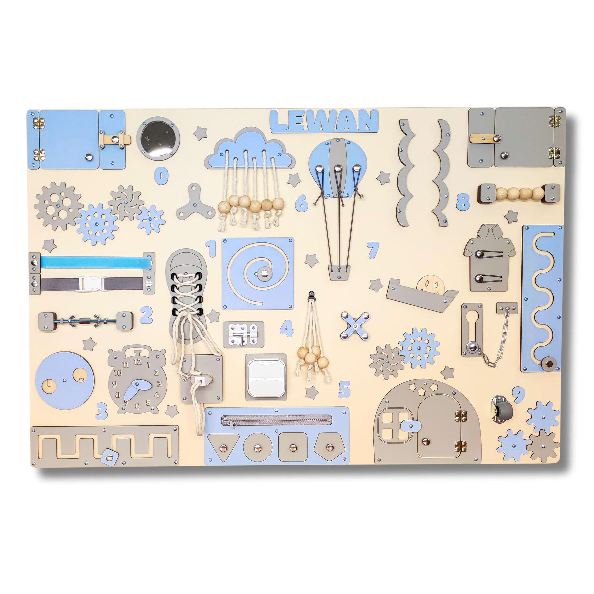 wooden busy board for toddler with mechanical blue parts on a beige background
