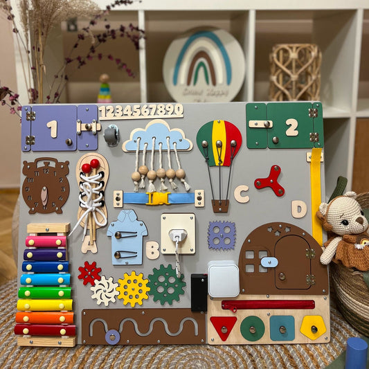 colourlul montessori busy board for toddlers
