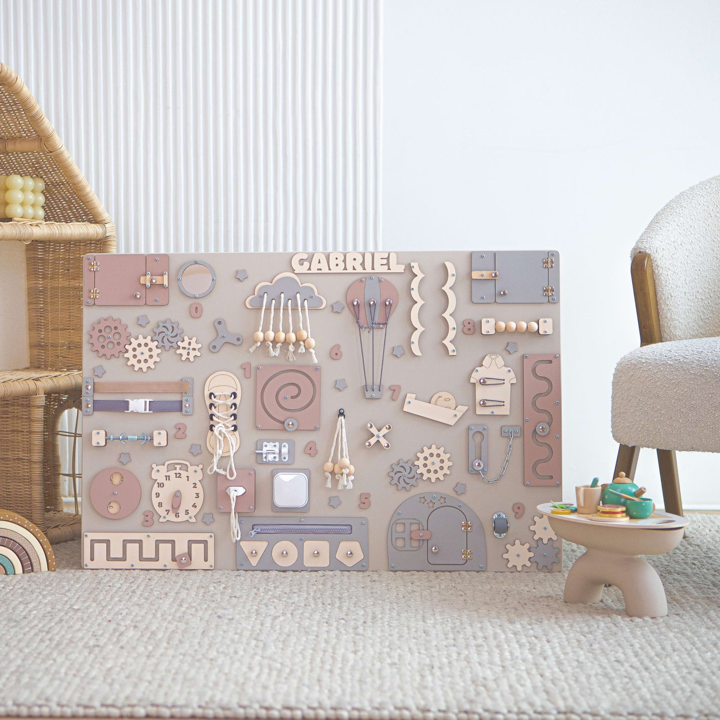 busyboard with geometric shapes.