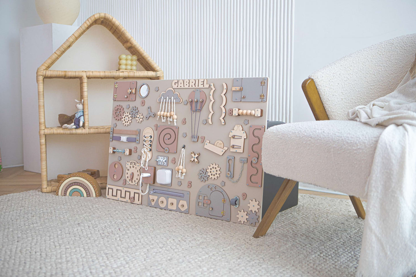 Children's room with a wooden Montessori activity board