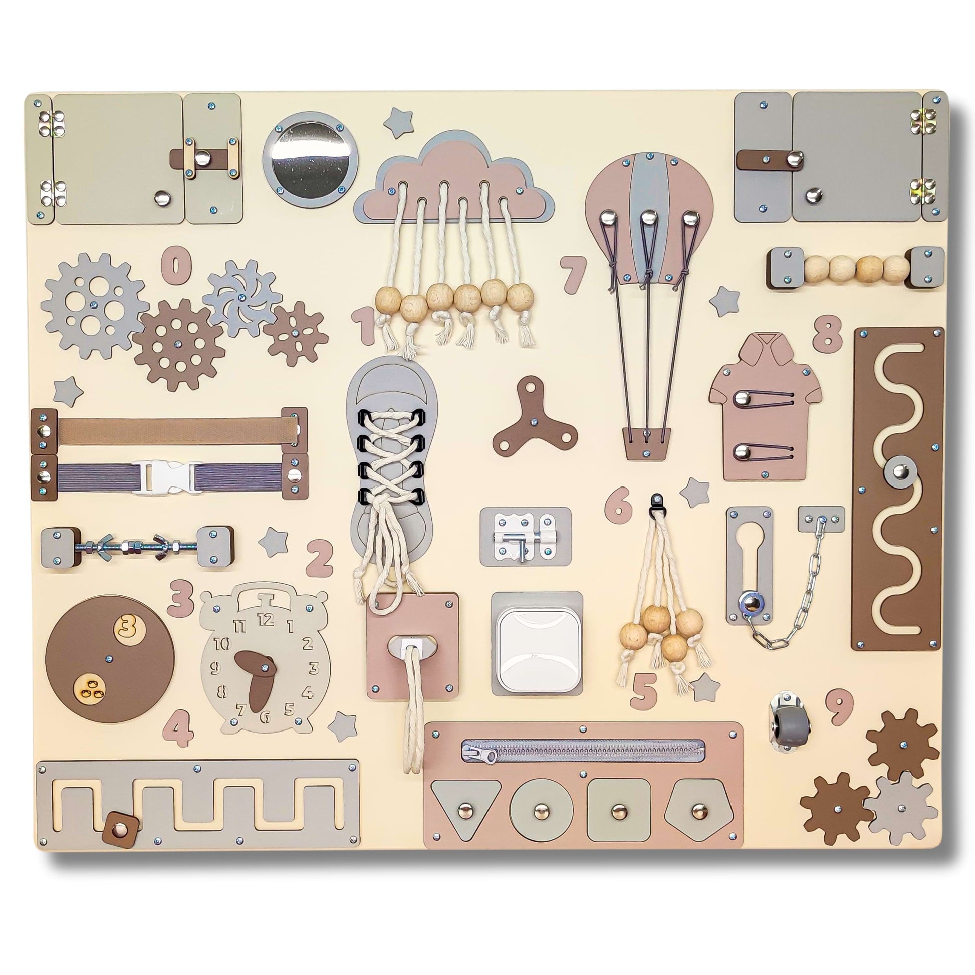 Children's educational busy board with various mechanical and abstract shapes on a beige background