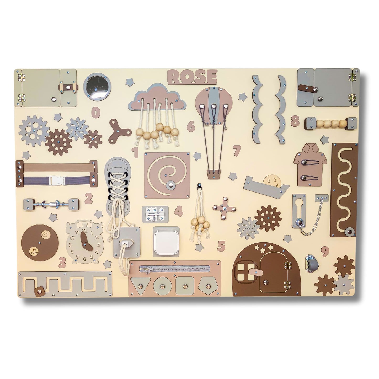Children's activity wooden board with various educational elements on a beige background