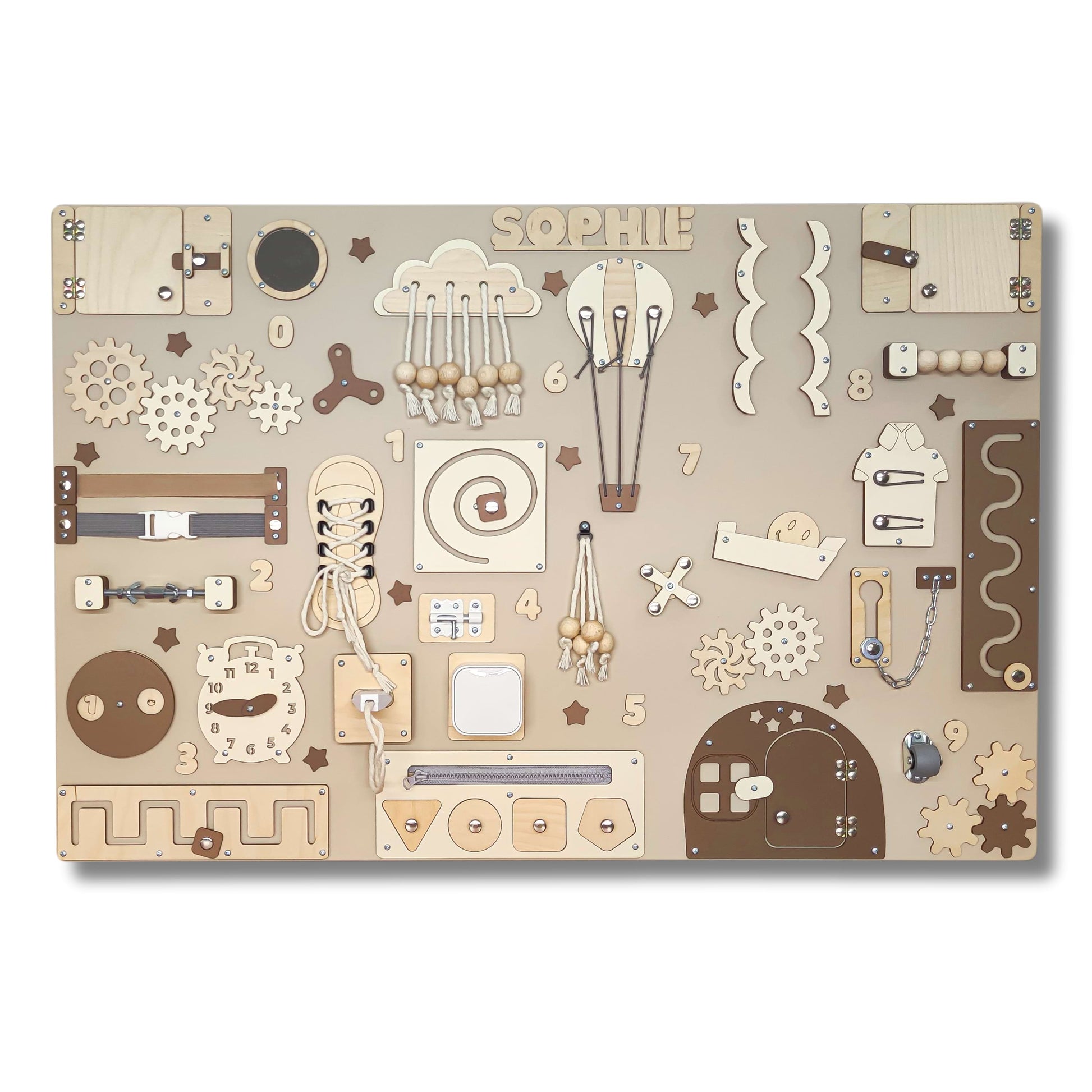 Children's educational play board with various mechanical and abstract shapes on a beige background