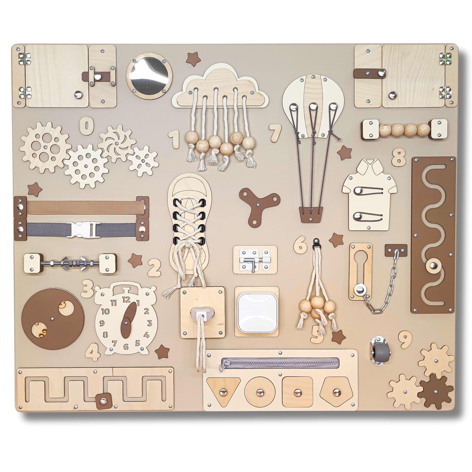 Wooden Montessori activity board with various mechanical parts on a beige background