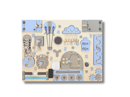 Blaue Busy Board für Kleinkinder mit LED