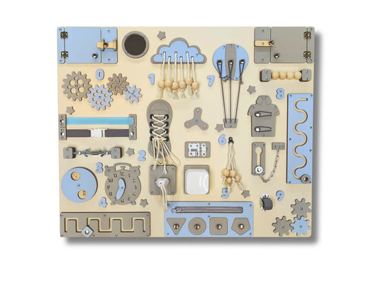 Bleu busy board Tableau d'activité Montessori 