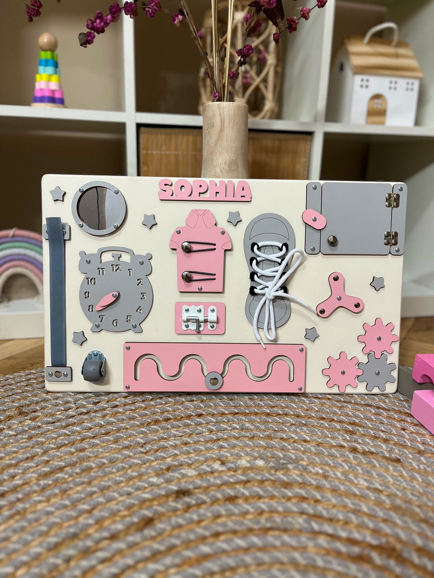 Pink Busy Board for toddlers 50x30 cm (19x12 inch)