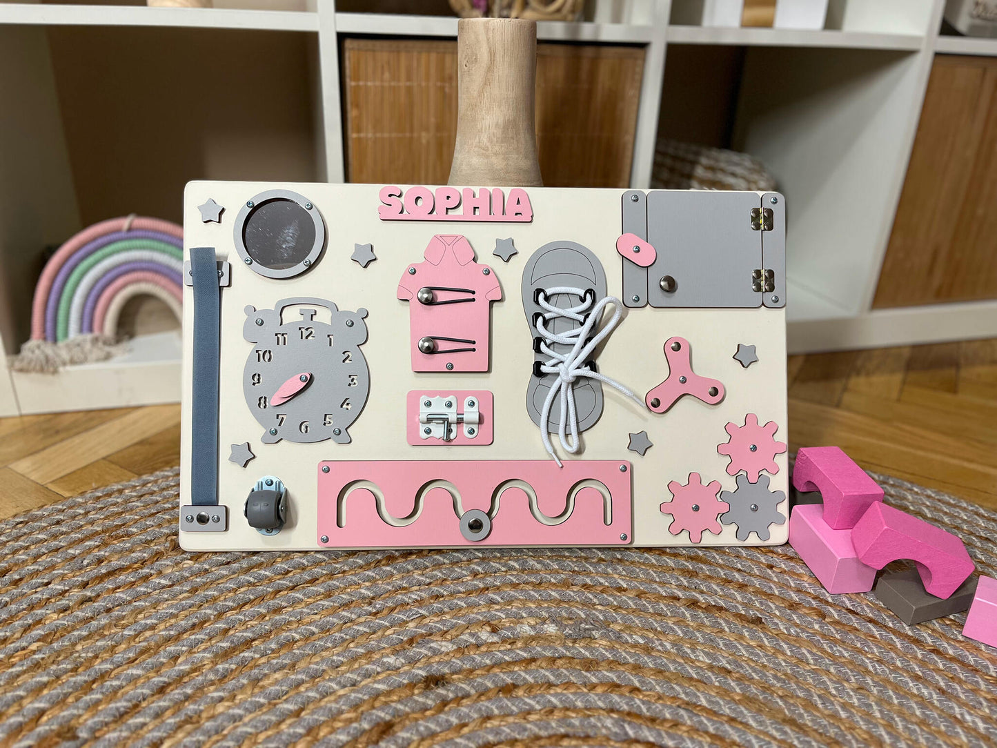 Pink Busy Board for toddlers 50x30 cm (19x12 inch)