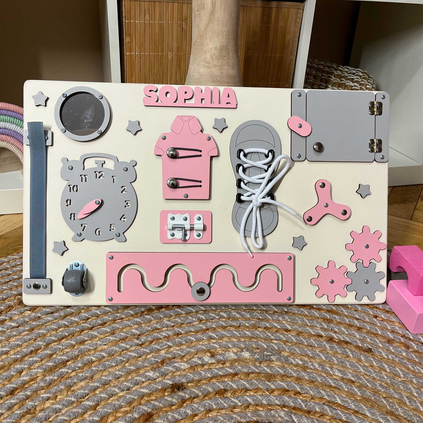 Pink Busy Board for toddlers 50x30 cm (19x12 inch)