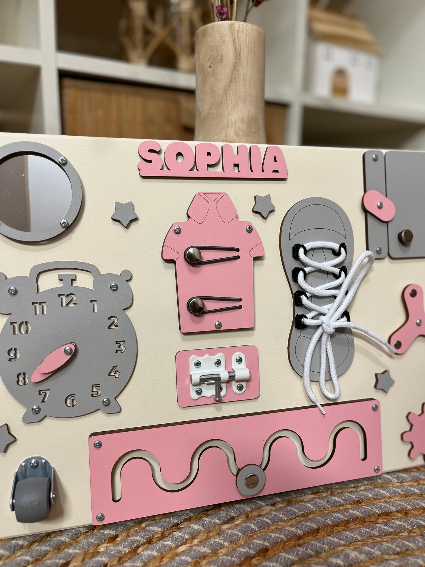 Pink Busy Board for toddlers 50x30 cm (19x12 inch)