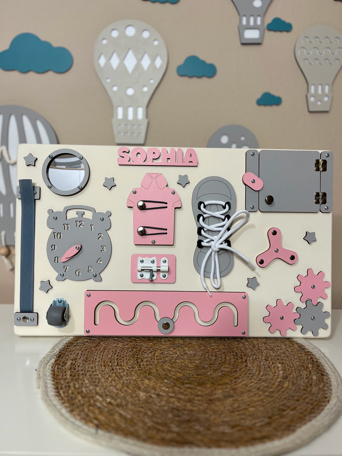 Pink Busy Board for toddlers 50x30 cm (19x12 inch)