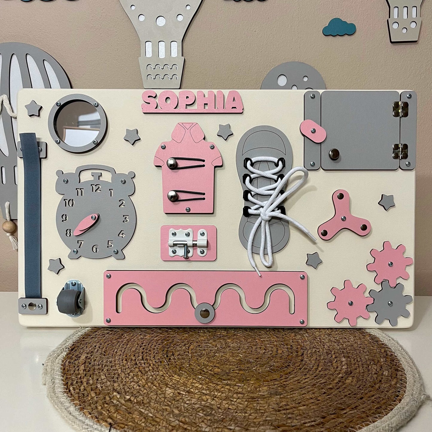 Pink Busy Board for toddlers 50x30 cm (19x12 inch)