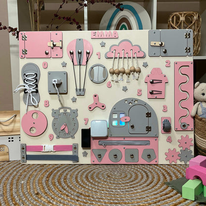Pink busy board for toddlers with LED light 65x50 cm (25,2x19,6 inch)