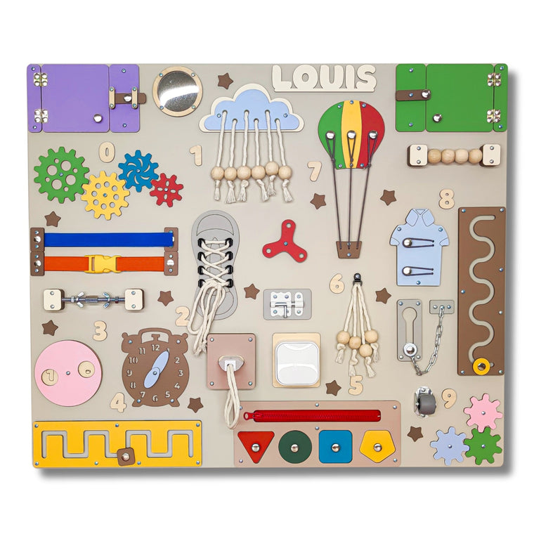 Children's activity board with various educational elements on a white background
