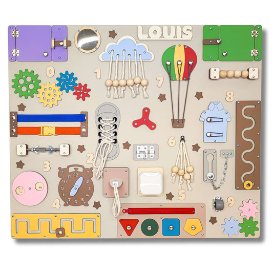 Colorful educational toy board with various interactive elements on a beige background
