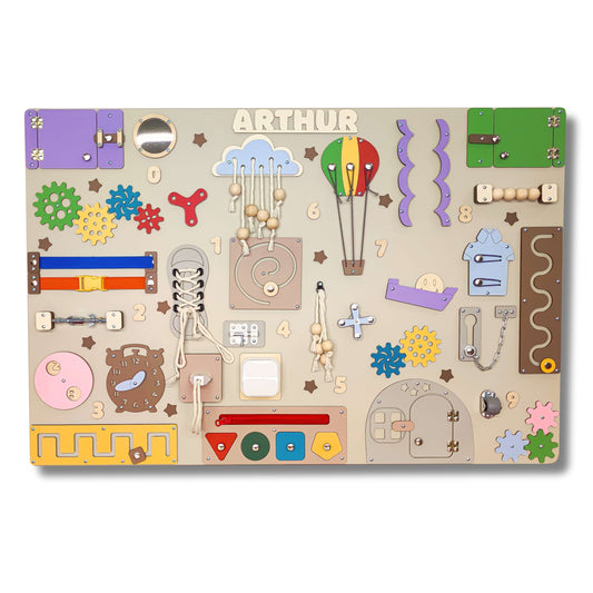Children's activity board with various educational elements on a beige background