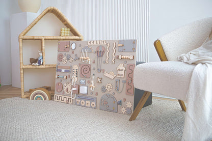 Children's room with a wooden Montessori activity board
