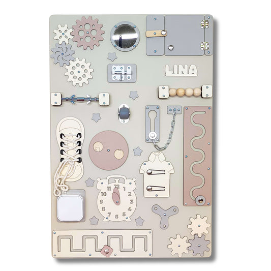 Children's activity board with various mechanical-themed objects on a gray background
