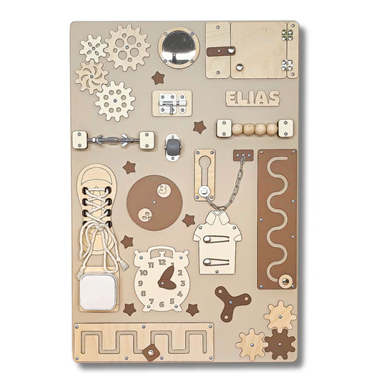 Wooden puzzle board with various mechanical pieces and the name 'Elias' on a beige background
