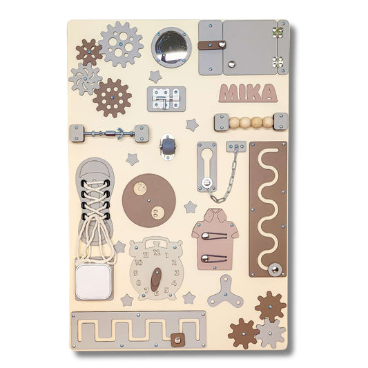 Wooden activity panel with gears, locks, and other mechanical parts on a beige background.