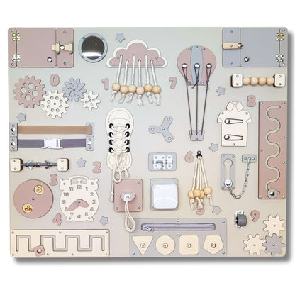 Children's activity board with various educational elements on a light gray background