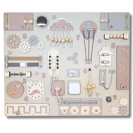 Children's activity board with various educational elements on a light gray background